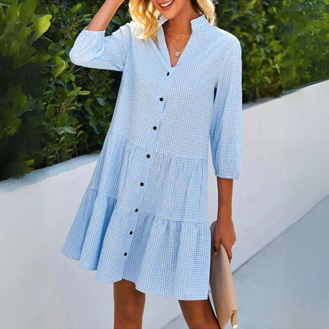 Summer Chemise Gingham V-Neck Button Down Dress  + Free Sun Hat