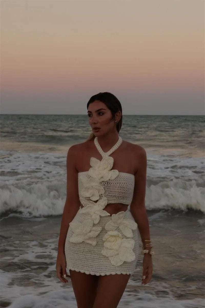 Margaret | Halter Knit Floral Mini Dress