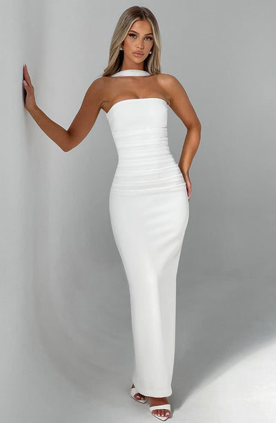 Shiloh | Strapless Satin Dress with Mesh Scarf