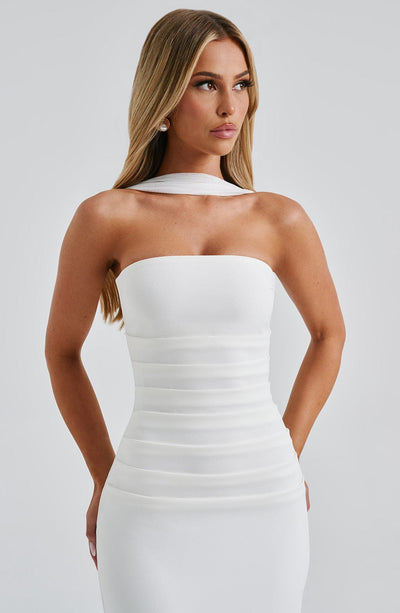 Shiloh | Strapless Satin Dress with Mesh Scarf